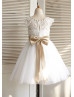 Ivory Lace Tulle Beaded Sash Knee Length Flower Girl Dress